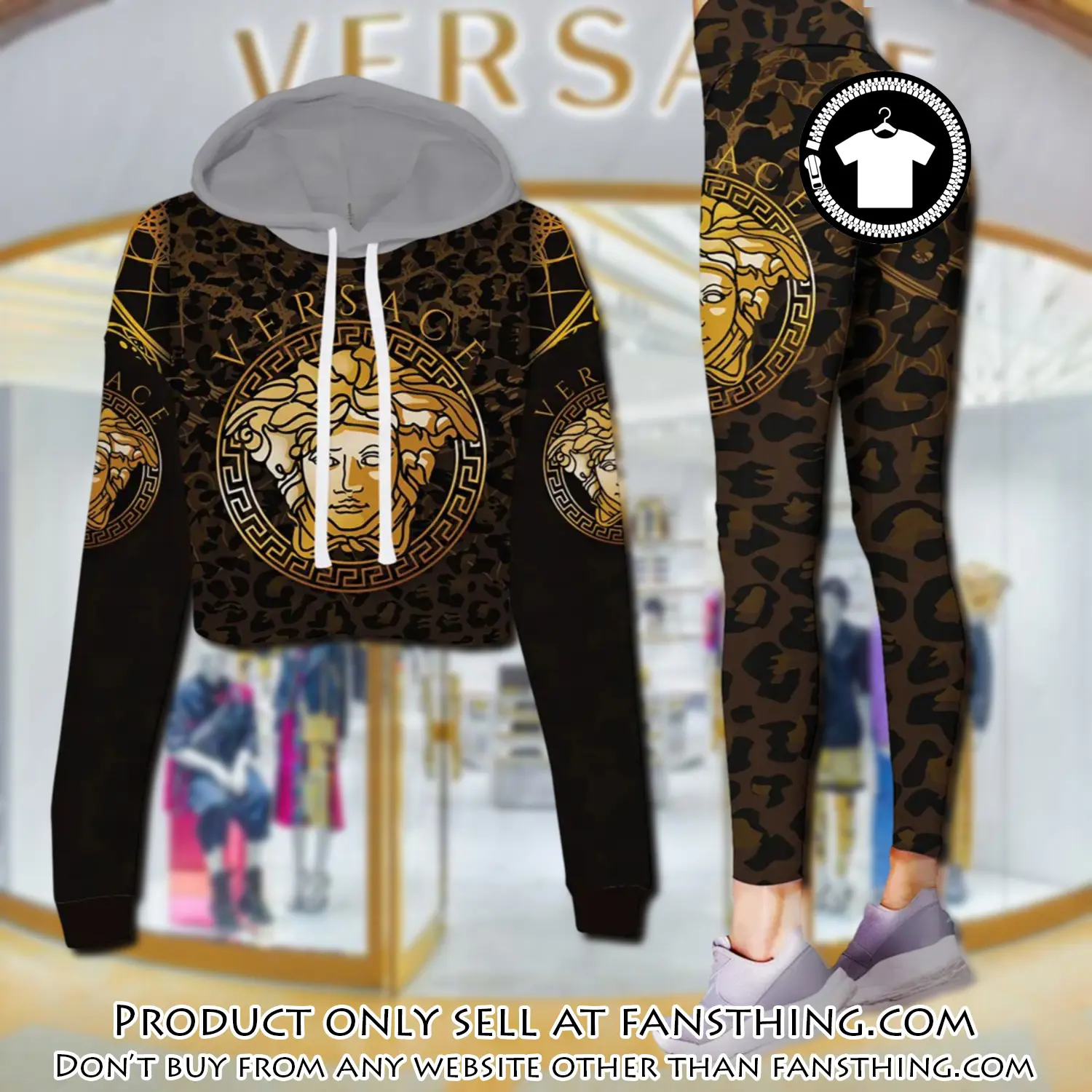 Versace medusa brown leopard pattern luxury brand clothes leggings and crop top set for women fst5540773